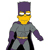 Pixelated character with yellow face, purple headpiece, gray body, and purple accents, standing against white background.