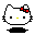 Pixel art of a white cat face with black eyes, yellow nose, and red bow on left side; two identical static frames show the same design.