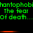 Green pixelated text repeats 'hantophobia The fear of death...' across two with red horizontal bars between them on a black background