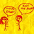 Yellow background with two stick figures, red hair on left figure, speech bubbles above them containing unreadable text; green border with purple text reading "Maddie And Ethan" and "Justus can Draw Amazing Pics Of 3 Words... Run Away LOVE<3"