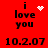 Red background displays 'i love you' text with animated heart and star symbols above date 10.2.07.