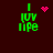 Green pixelated text "I luv life" on dark red background with pink heart and dot animations.