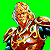 Pixelated figure with light hair and red-and-yellow patterned clothing against solid green background, head tilted right.