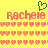 Yellow background with pink text 'Rachele' and green heart symbol above, surrounded by of pixelated hearts