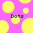 Yellow circular shapes float on a pink background with the word "Dots" in dark blue pixelated text appearing twice.