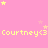 Pink background with yellow text repeating 'Courtney<3' across three , scattered yellow and light pink stars, gray rectangle in bottom-right corner
