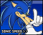 Blue anthropomorphic hedgehog with yellow muzzle and white gloves points right, text reads 'SONIC SPEED >>' on blue background.