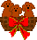 Four pixelated brown dogs in a brown basket with a red bow, each dog has a black nose and eyes, some dogs have red mouths.