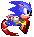 Pixelated Sonic the Hedgehog character in four sequential poses with red motion trails, blue spines, white face, black eyes, pink cheeks, and yellow chest accents on gray background.