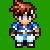 Pixel art character in four animated poses with blue-and-white checkered shirt, brown hair, and white headband on green background.