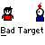 Pixel art animation of a character with black hair and red shirt, blue pants, firing projectiles while text bubbles display 'SHOOT', 'THE', 'APPLE', 'OOPS.', 'WRONG', 'APPLE!', 'LOOK.' over repeated 'Bad Target' labels.