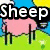 Pixelated cartoon sheep with changing colors and text, set against a blue sky with clouds and green grass.