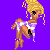 Pixel art contact sheet showing a cartoon character and text fragments on purple backgrounds with sparkles.
