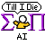 Pixelated graphic with speech bubble reading 'Till I Die', Greek symbols, and a yellow figure holding a white sphere against gray background.