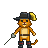 Pixel art of an orange cat wearing a black tricorn hat with yellow feather, holding a sword in right hand.