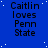 Blue background with white dots and repeated text "Caitlin loves Penn State" in black pixelated font across multiple