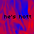 Pixelated text 'he's hott' repeated across a red and blue gradient background with a gray section on the right.