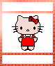 Pixelated cartoon cat in red dress with red bow, standing against white background inside pink-bordered frame.