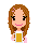 Pixel art contact sheet of six animated frames showing a cartoon girl with brown hair holding a beer mug in various poses and expressions against a gray background.