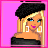Pixelated icon of a blonde woman in black beret and off-shoulder top with pink background, next to text reading "Smile Like A".
