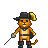 Pixel art of an orange cat wearing a black tricorn hat with a yellow feather, holding a sword and shield, standing against a gray background.