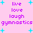 Pixelated text and cyan stars on a pink background with repeated words 'live', 'love', 'laugh', 'gymnastics' in purple.