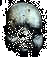 Pixelated grayscale image of a stylized skull with metallic texture, wearing dark sunglasses and a cap with an 'X' symbol.