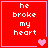 Red square with white pixelated text 'he broke my heart' and pink border, featuring a single pink heart icon in bottom-right corner.