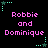 Pixelated text 'Robbie and Dominique' in pink appears on a black background with cyan star-shaped corner decorations.