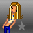 Pixelated character with long blonde hair, blue necklace, white top, and blue pants stands against gray background with text fragments.