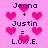 Pixelated pink background with dark purple text and bright pink hearts; two identical display 'Jenna + Justin = L.O.V.E.' in pixel font