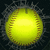 A yellow softball with red stitching is centered on a dark background with a spiderweb pattern, surrounded by yellow text on a blue background.