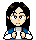 Pixel art avatar of a person with long dark hair holding a white cylindrical object, wearing blue and white clothing against gray background.