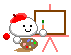 A 3x3 contact sheet of an animated pixel art icon showing a cloud-like character painting on an easel, progressing from blank canvas to completed landscape with rainbow and house.
