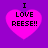 Four identical pink hearts on purple background with 'I LOVE REESE!!' text in black pixelated font, each heart slightly varying in size and position.