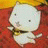 A 48x48 pixel buddy icon featuring a white cat-like character with yellow hair and green eyes against a red background, paired with "Anime IM" text on a black panel.