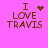 Pixelated text "I LOVE TRAVIS" on bright pink background with animated heart and dot patterns replacing the heart symbol.
