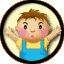 Two circular cartoon-style icons side-by-side: a boy with brown hair in blue overalls and yellow shirt, and a girl with pigtails in pink dress and white collar.