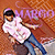 Pixelated image of a person in a white shirt and blue pants with arms extended, set against a brown background with purple text.