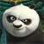Pixelated close-up of a panda's face with a slight smirk, set against a blurred green and blue background.