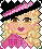 Pixelated cartoon character with blonde curly hair, pink headband, and heart-shaped lips holding a pink 'TEA' banner.
