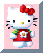 Hello Kitty avatar with red bow and red dress, holding green and yellow flowers, displayed on pink and blue backgrounds in pixelated style.