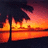 Pixelated sunset scene with palm tree silhouette over water, yellow text reading "the boy leaves as the girl cries as the sun will set" on black background.
