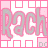 Pixelated text 'Rach Rach' in pink and gray with a of white squares on a light pink background