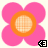 Six pink flower icons with orange centers and -patterned middles arranged in two , each featuring a small black-and-white pixelated symbol below