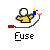 Pixelated character in yellow shirt holds blue object, fuse wire with red tip extends from hand to red block; text 'Fuse' below.