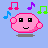 Four pixelated pink Kirby-like characters with black eyes and gray bases, surrounded by colorful musical notes on a light blue background.