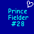 Blue background with cyan text reading Prince Fielder #28 and a white pixelated heart symbol above the text.