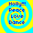 Four identical pixelated icons arranged in a , each featuring a yellow spiral on a blue background with blue text reading 'Holly!!! Peace Love Dance' in a vertical stack