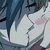Pixelated anime-style character with long blue hair and closed eyes, wearing a light gray outfit against dark background.